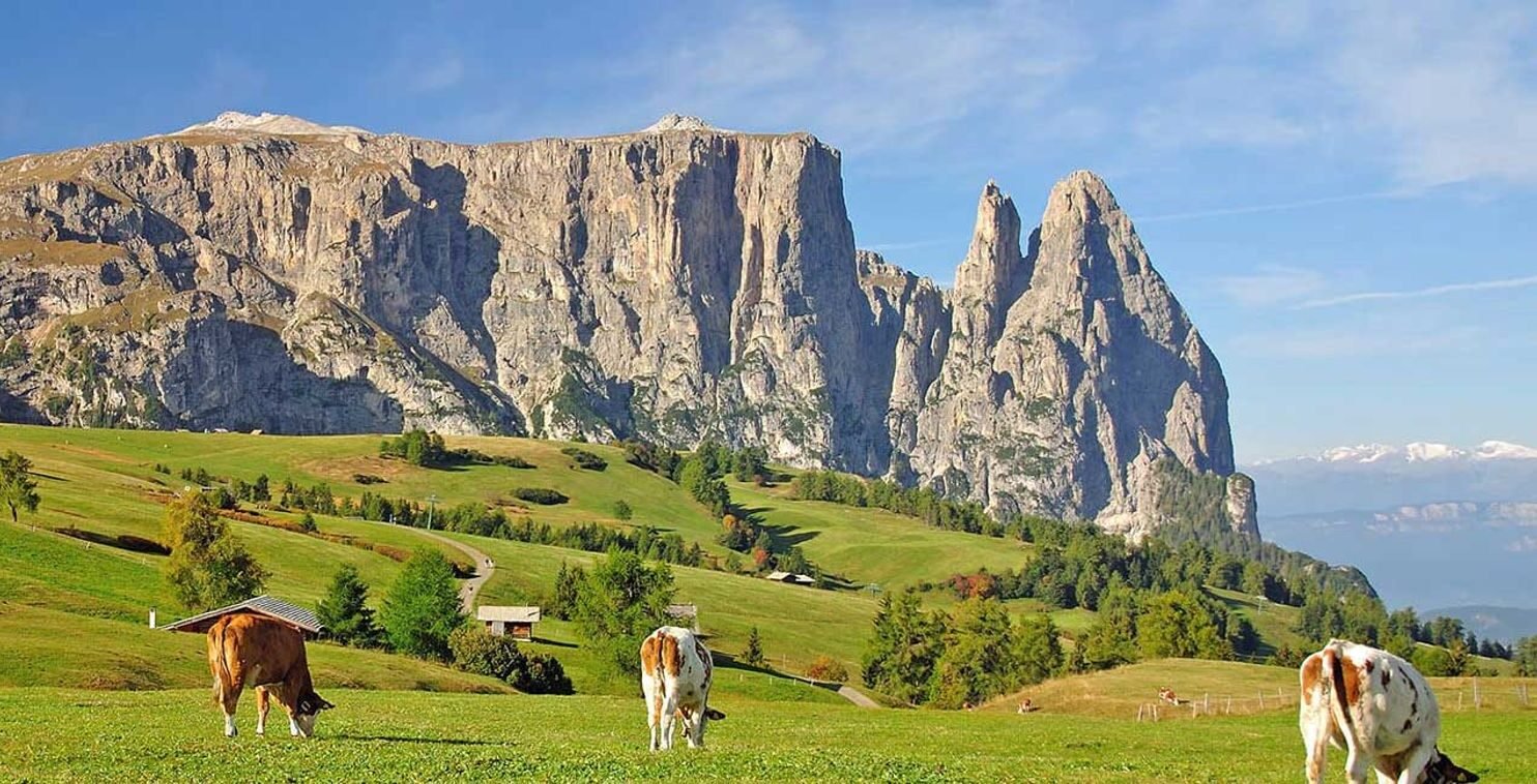 Panorama of the Sciliar massif as seen from Alpe di Siusi, South Tyrol, during an alternative excursion to fly fishing.