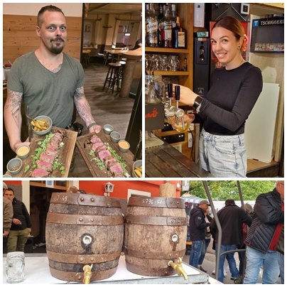 The friendly team at Bierstube Oberweger: owner Cristian, and waiters Domenico (Mene) and Melli, representing true Tyrolean hospitality.